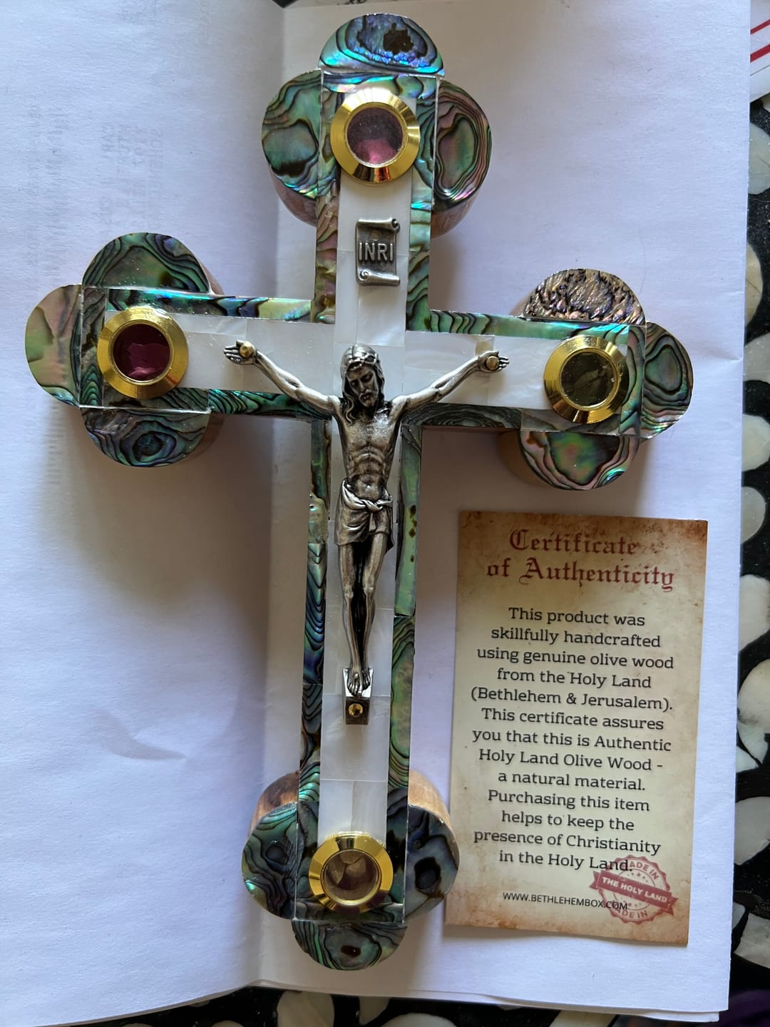 Customer photo review of Olive Wood Crucifix (Fully covered with Mother of Pearl) - Holy Land Crucifixes
