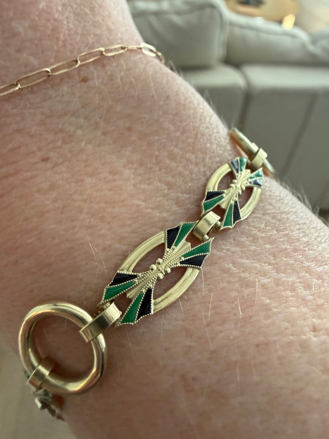 Customer photo review of Antique Art Deco 14k Yellow Gold Fabulous Enamel Geometric Link Bracelet 7"