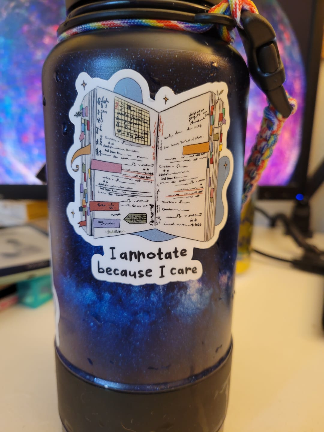 Customer photo review of "I annotate because I care" Bookish Sticker