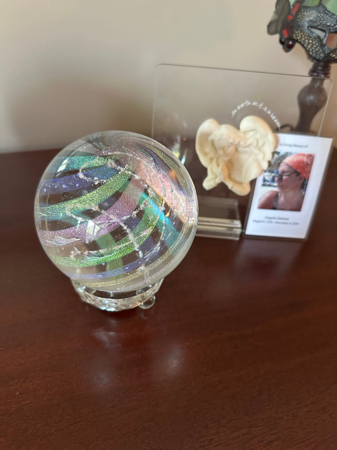Customer photo review of Illuminated Dichroic Rainbow Orb with Cremains