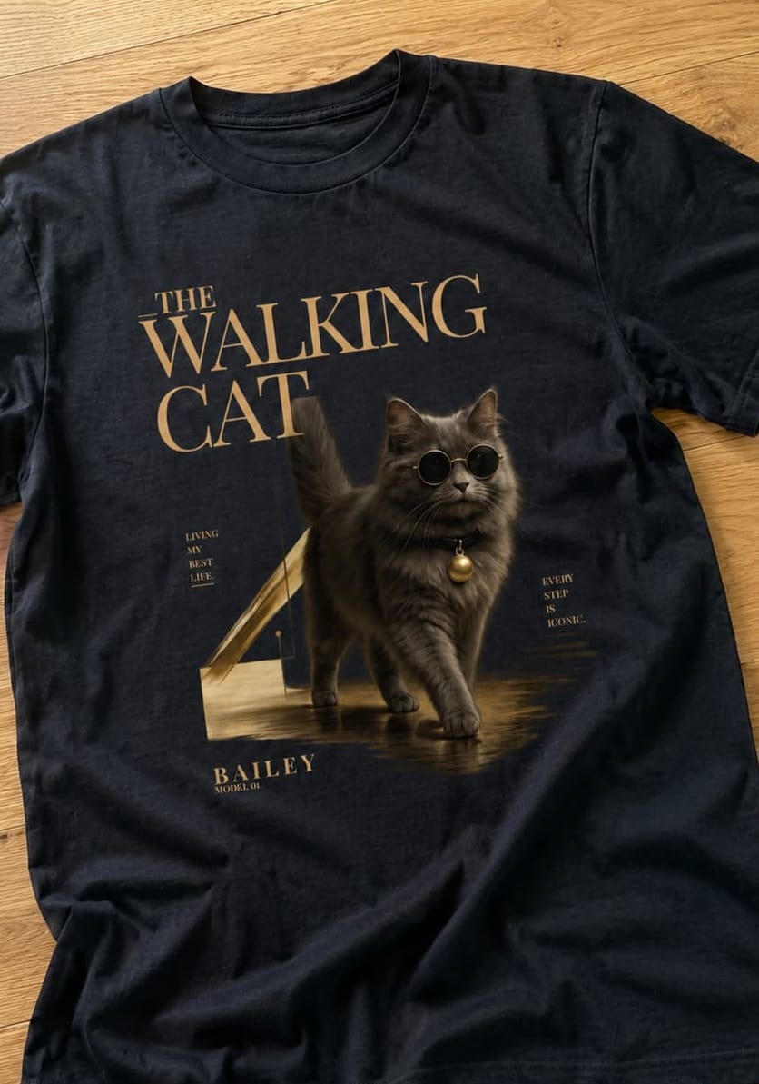 Customer photo review of Walking Cat T-Shirt - Eigenes Foto + Name