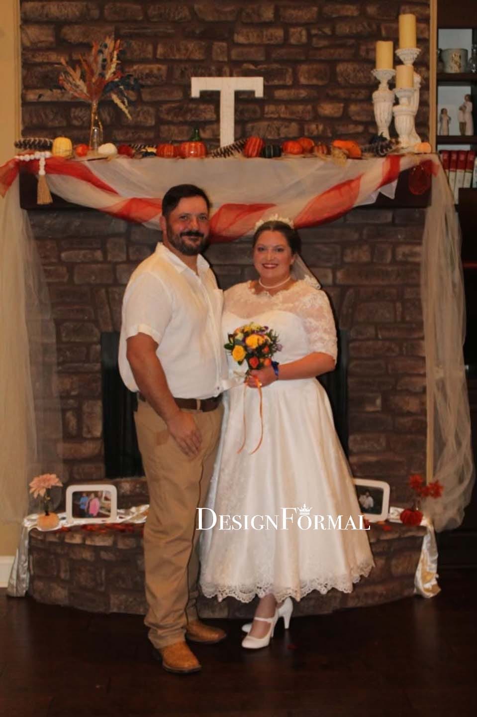 Customer photo review of Plus Size Lace Short Sleeve Boat Neck A-Line Wedding Dress