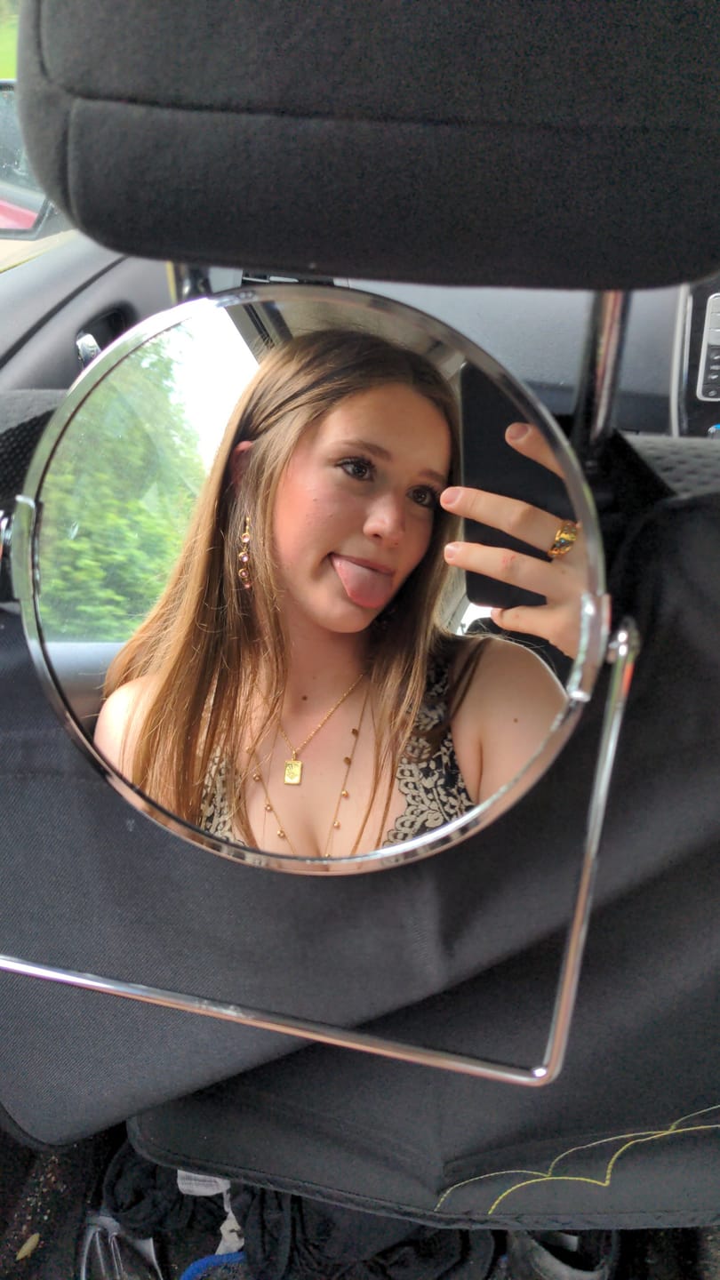 Customer photo review of Faiza Droplet Statement Hoops Pink & Gold