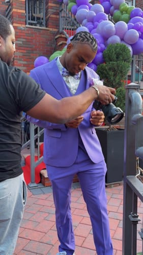 Customer photo review of Men's Three-Piece One-Button Violet Wedding Suit