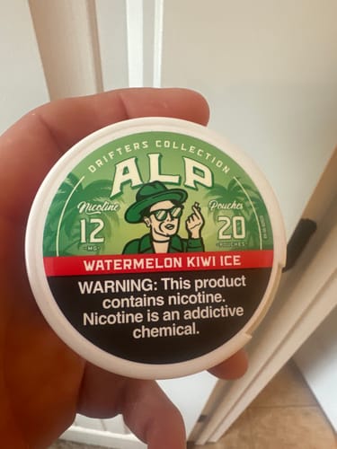 A reviewer holds a white tin of Drifters Watermelon Kiwi Ice Nicotine Pouches in their hand.