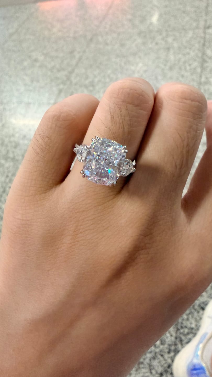 Customer photo review of S925 6.0Ct Cushion Cut Three Stone Engagement Ring Simulated or Moissanite Diamond Bridal Rings For Women