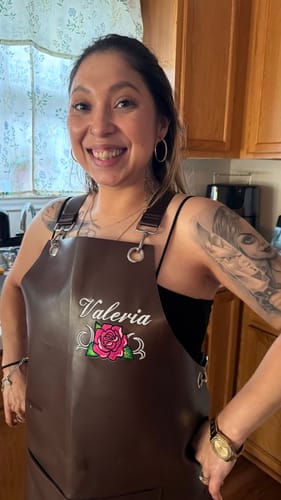 Customer photo review of Cocoa Brown Leather Apron - 100% Bleach Proof