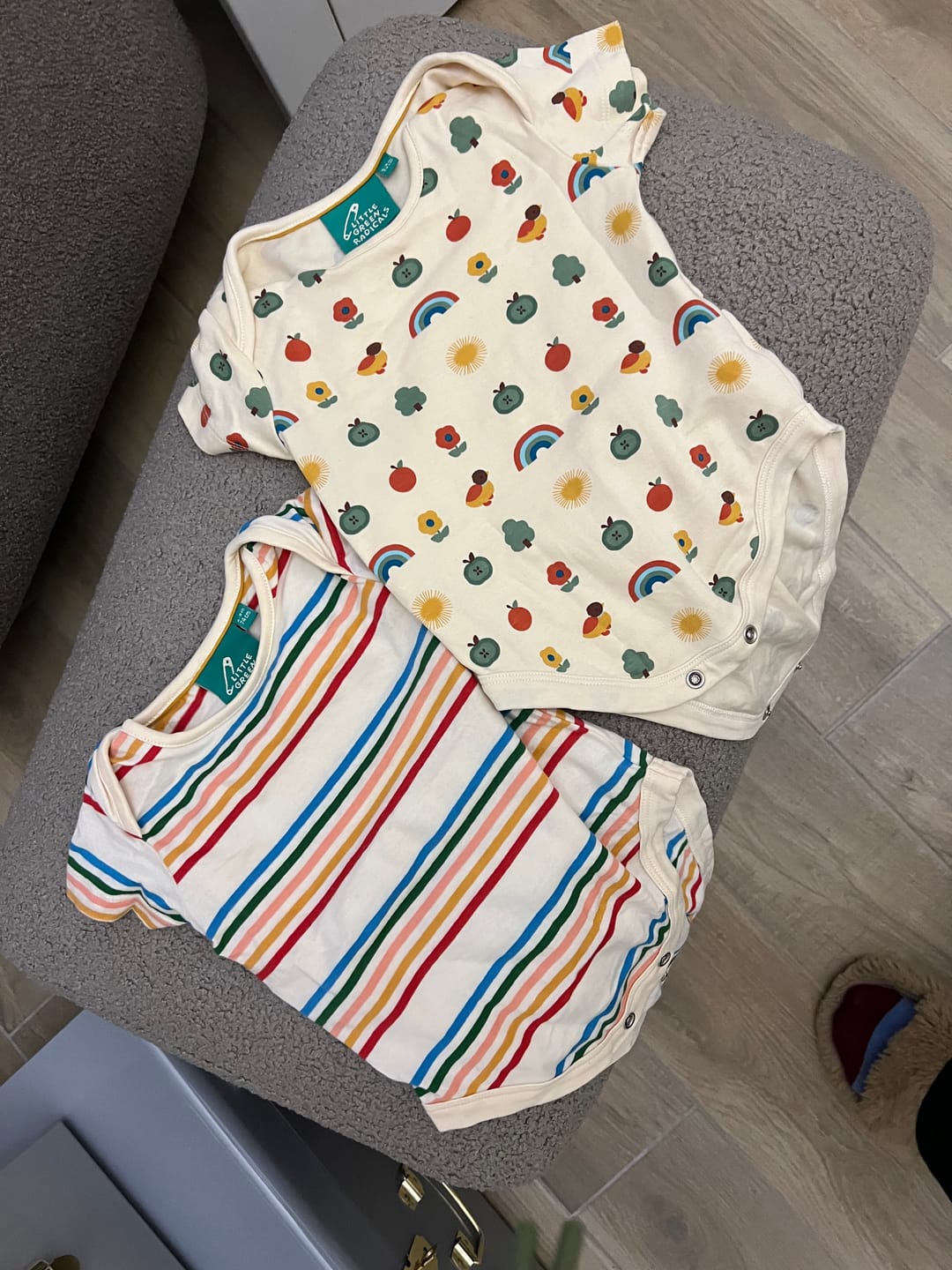 Customer photo review of Vintage Rainbows Organic Baby Bodysuit 2 Pack