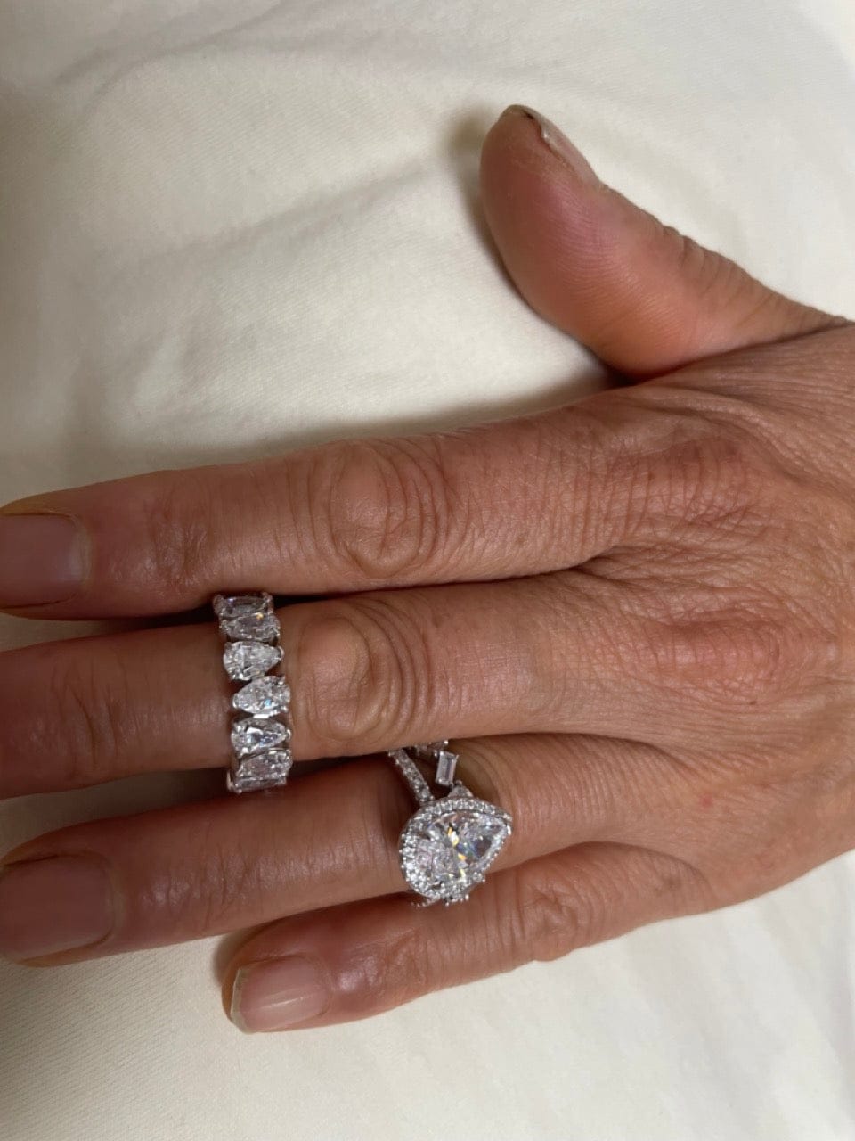 Customer photo review of S925 2.2 Carat Halo Pear Cut Wedding Ring Set With Two Luxurious Wedding Bands For Women