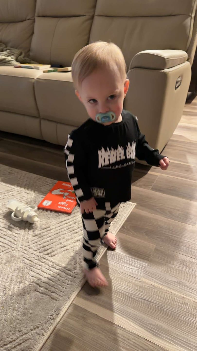 Customer photo review of Long Sleeve Tee in Rebel Bro x Live Fast Flames