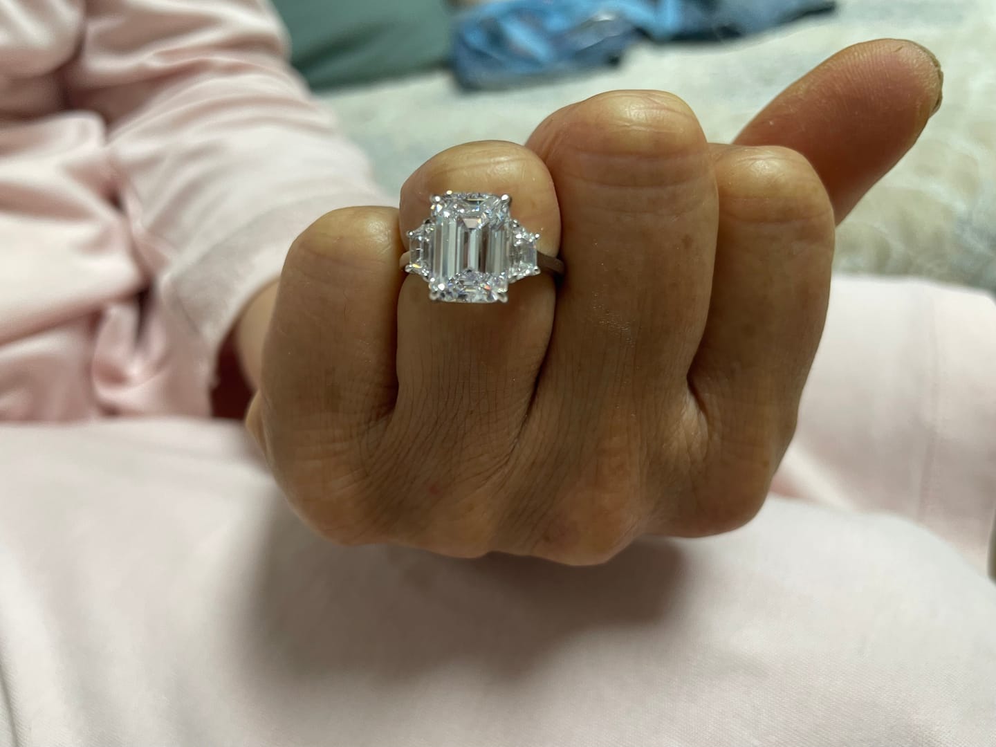 Customer photo review of S925 4.5 Carat Emerald Cut Three Stone Engagement Ring Anniversary Ring Gift