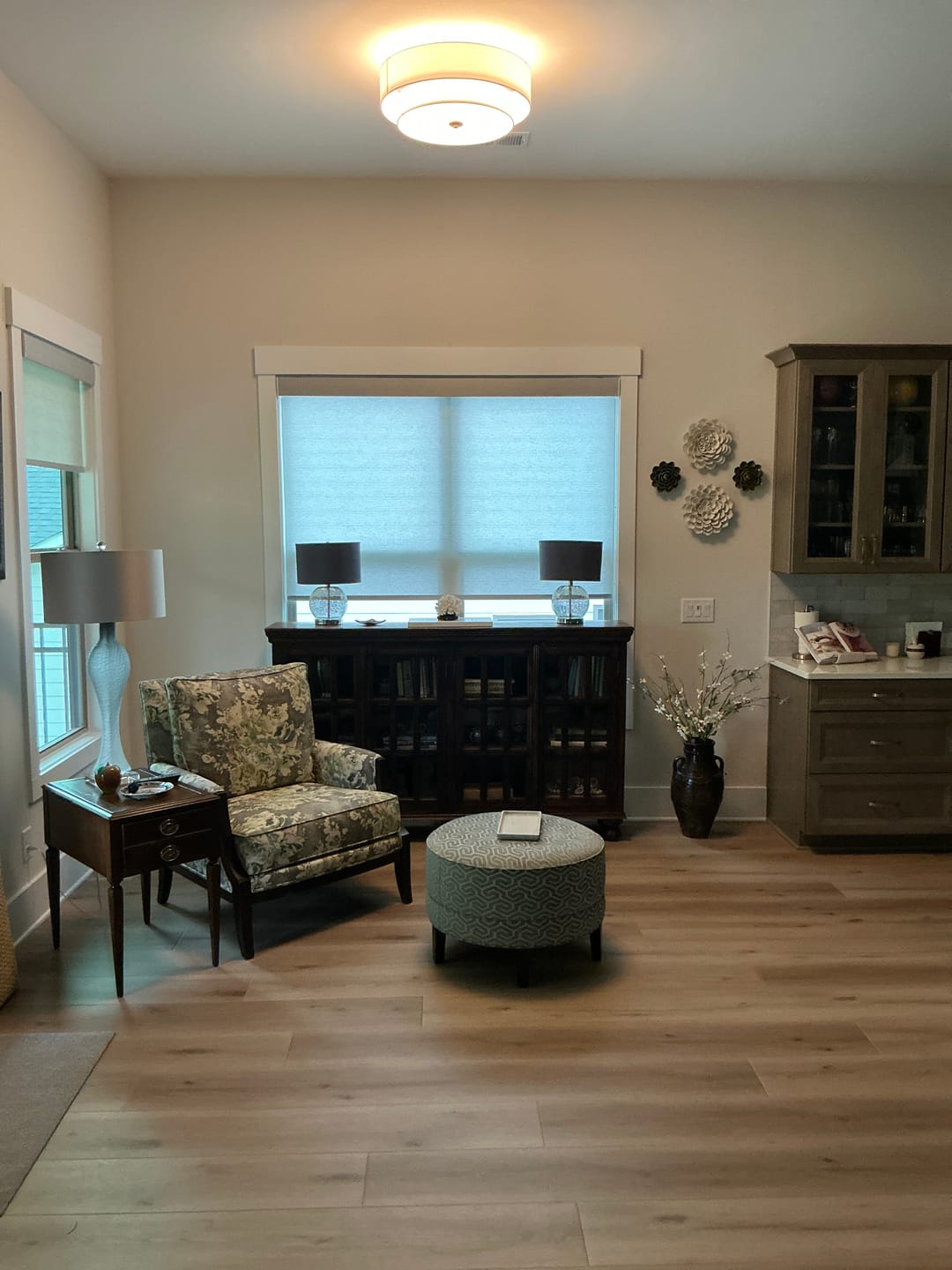 Customer photo review of 4-Light White Linen Round Drum Semi Flush Mount