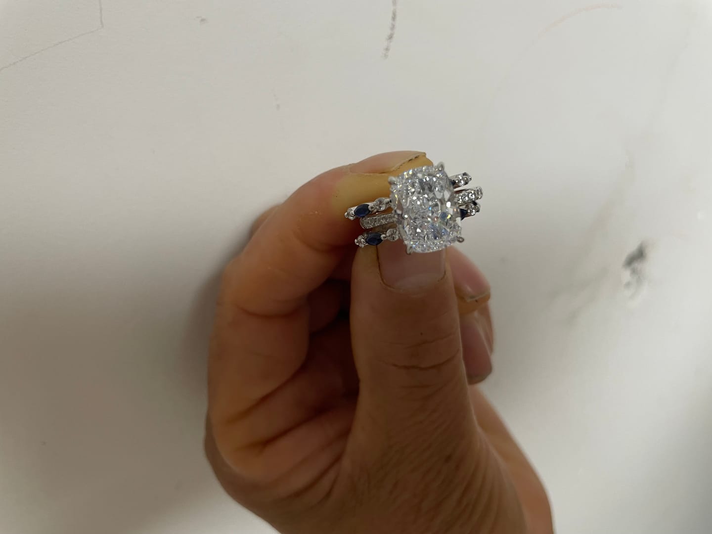 Customer photo review of S925 6.5Ct Cushion Cut Insert Wedding Ring Set With Unique White & Blue/Red Stone Engagement Ring Enhancer