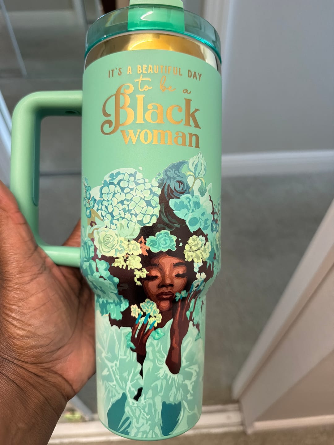Customer photo review of Tiffany Blue "Royalty Blossomed" FlowSip™ Insulated Tumbler – It's a Beautiful Day to Be a Black Woman