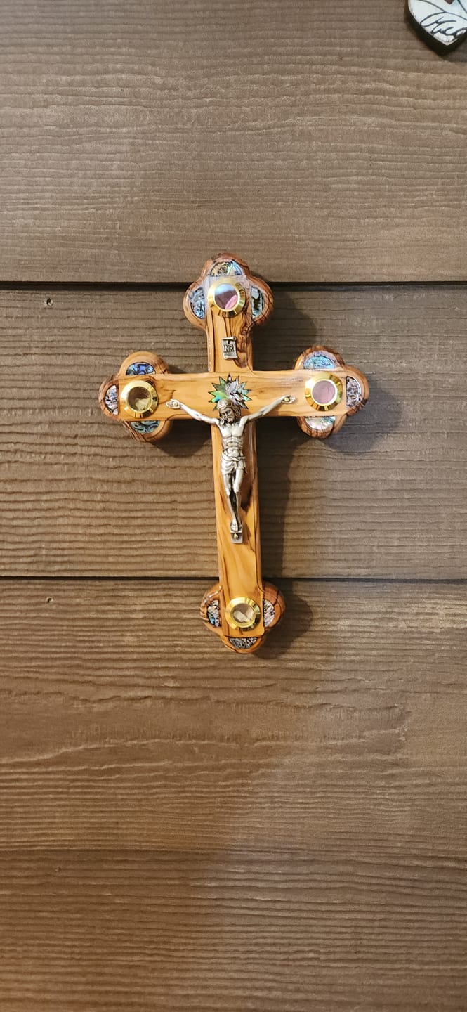 Customer photo review of Olive Wood Crucifix (Partially covered with Mother of Pearl) - Holy Land Crucifixes