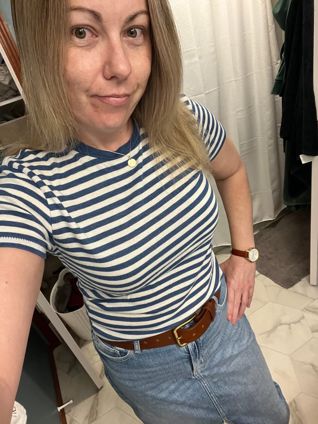 Customer photo review of Elara- Cognac Leather Belt with Gold Rectangular Buckle - Made in Canada