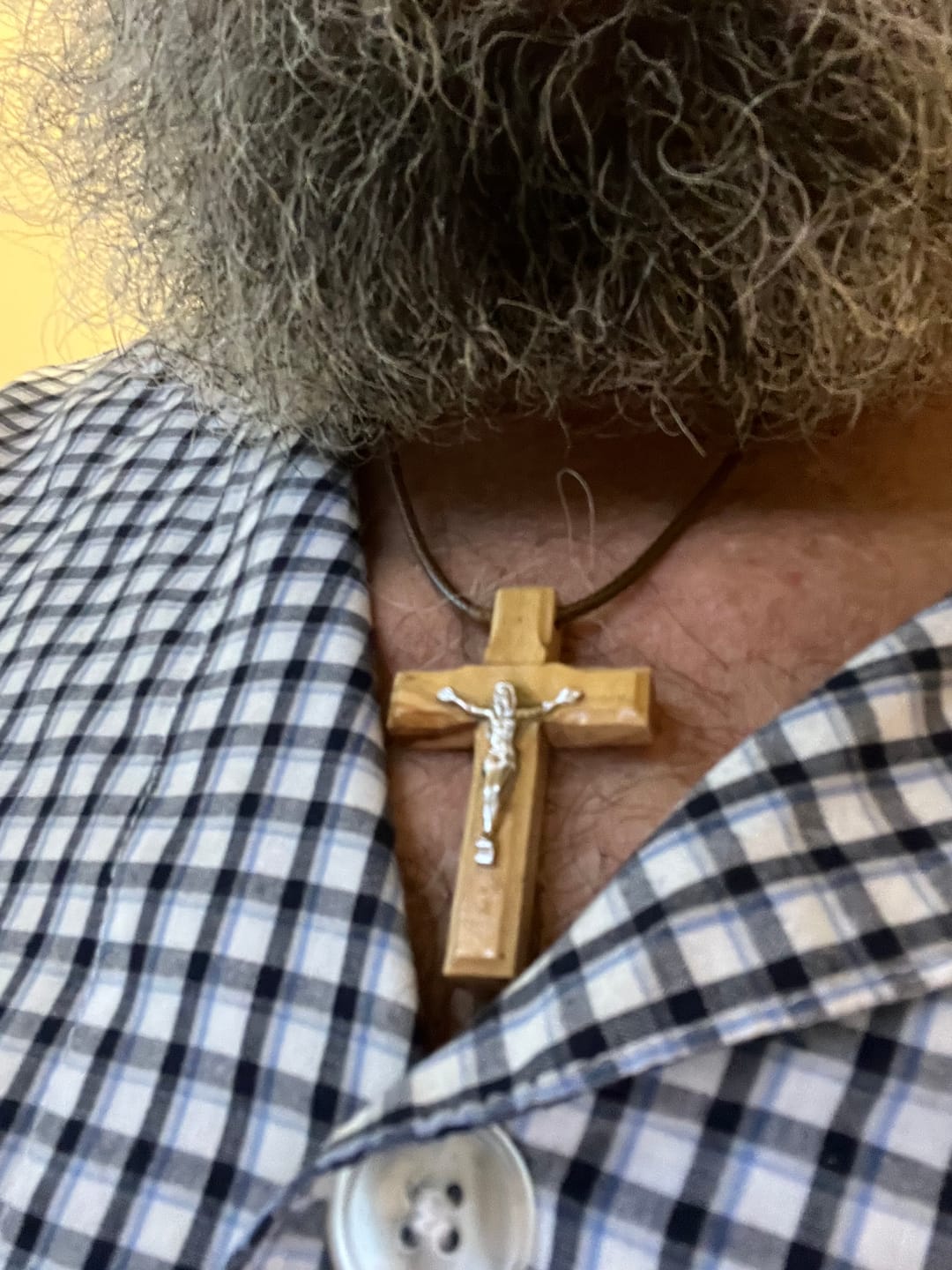 Customer photo review of Holy Land Orthodox Olive Wood Crucifix Pendant