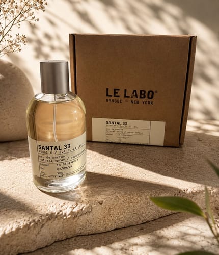 El perfume LE LABO SANTAL 33 de un cliente, presentado con su caja sobre una superficie de piedra.