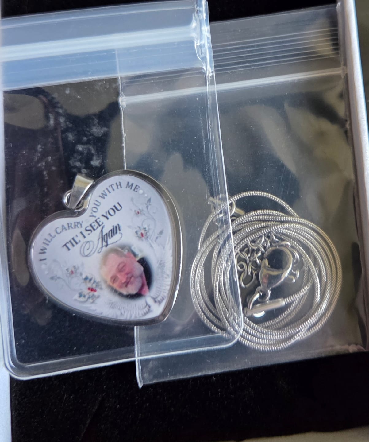 Customer photo review of Custom Photo Memorial Necklace/Keychain "I Will Carry You With Me” - N001
