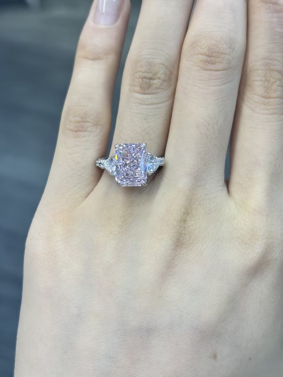 Customer photo review of S925 5.0Ct Pink/White Stone Radiant Cut Three Stone Engagement Ring Anniversary Ring For Women
