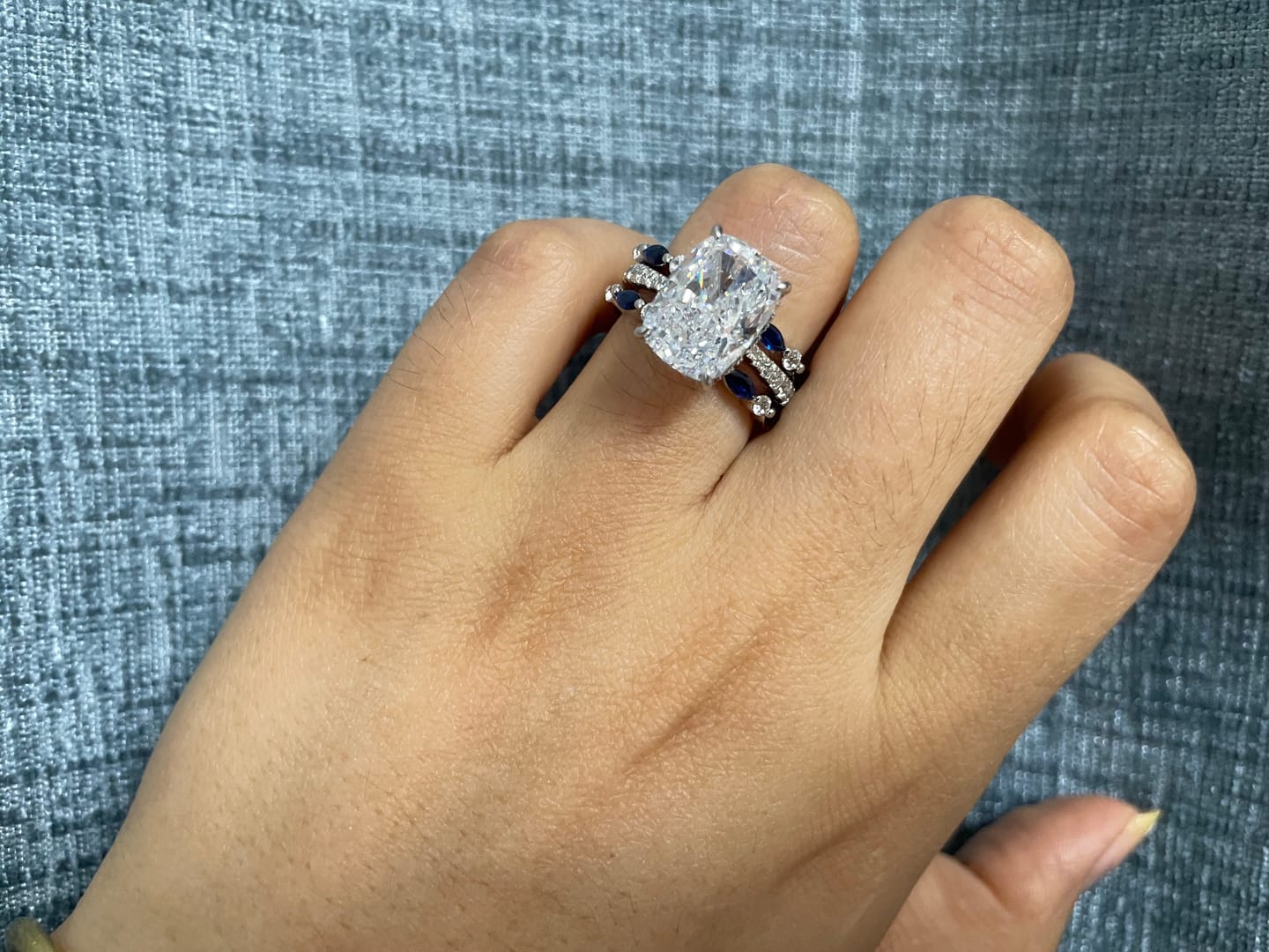 Customer photo review of S925 6.5Ct Cushion Cut Insert Wedding Ring Set With Unique White & Blue/Red Stone Engagement Ring Enhancer