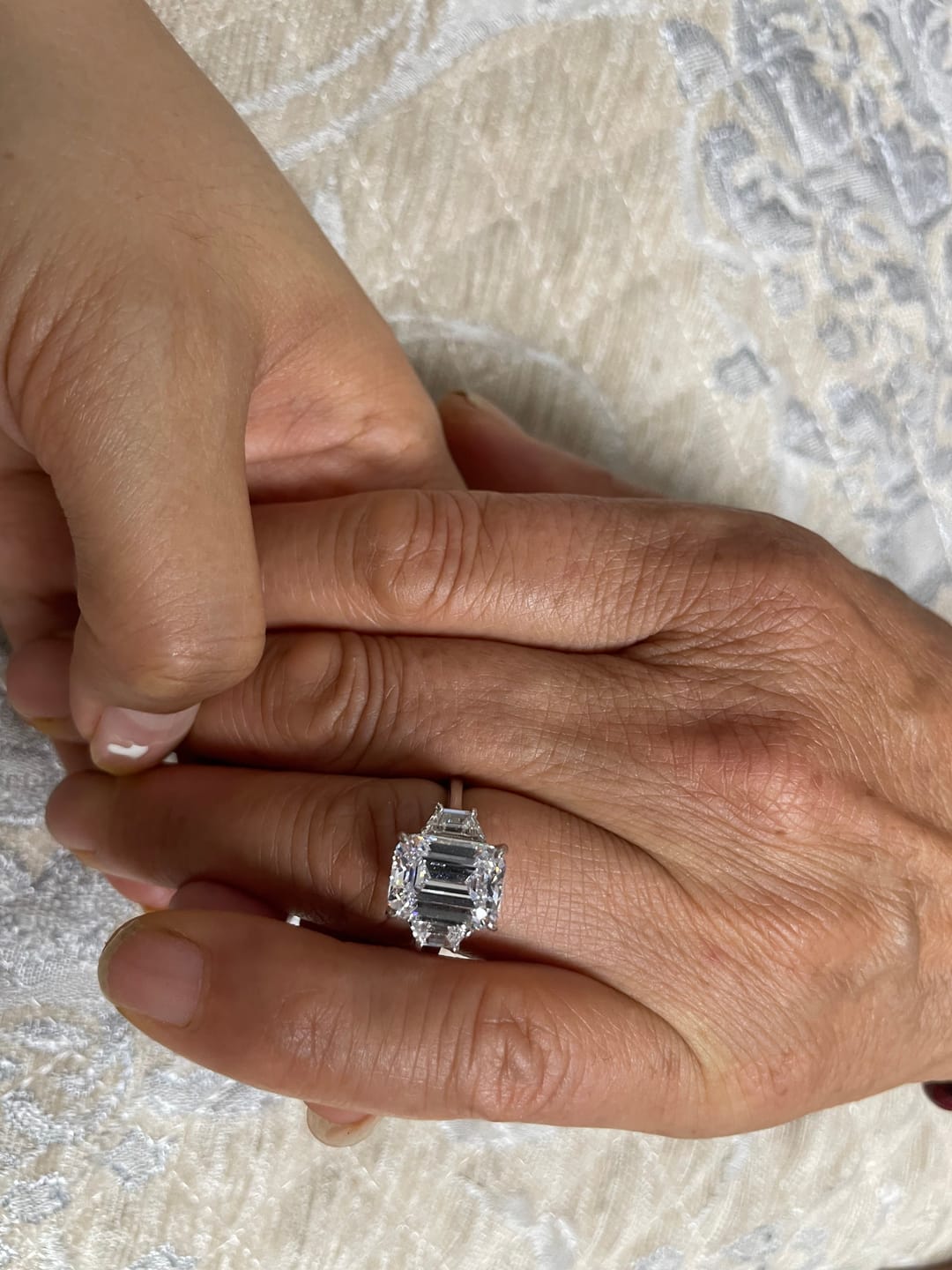 Customer photo review of S925 4.5 Carat Emerald Cut Three Stone Engagement Ring Anniversary Ring Gift