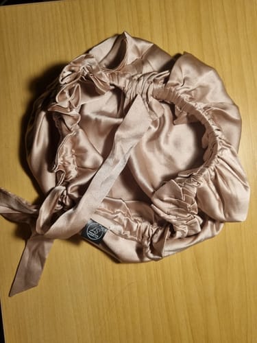 Customer photo review of Large Double-Lined Adjustable Silk Hair Bonnet Turban - Pink
