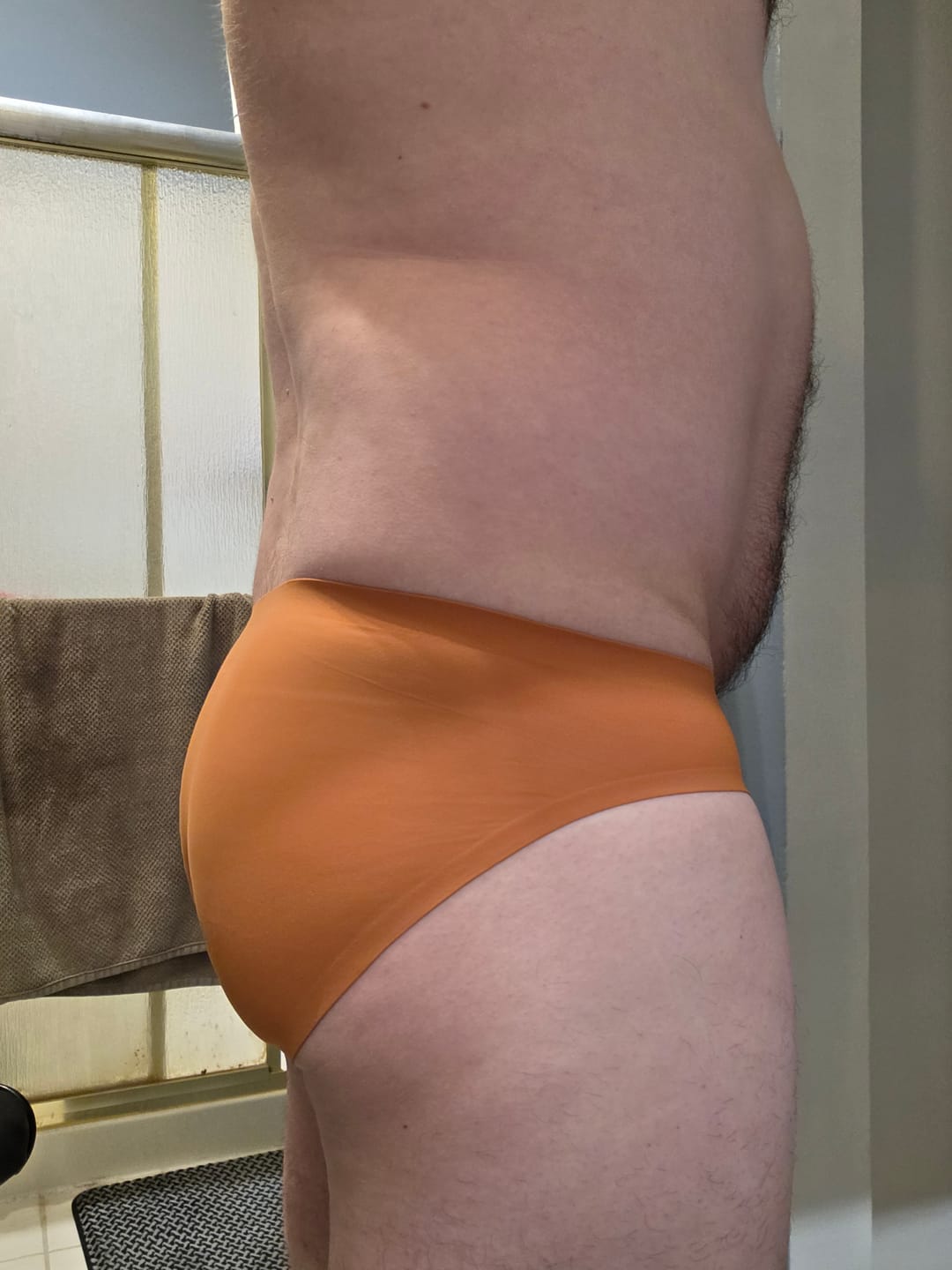 Customer photo review of Seamless Brushed Nylon 0in Briefs No Fly 3pk Black/Night Fall/Red Stone