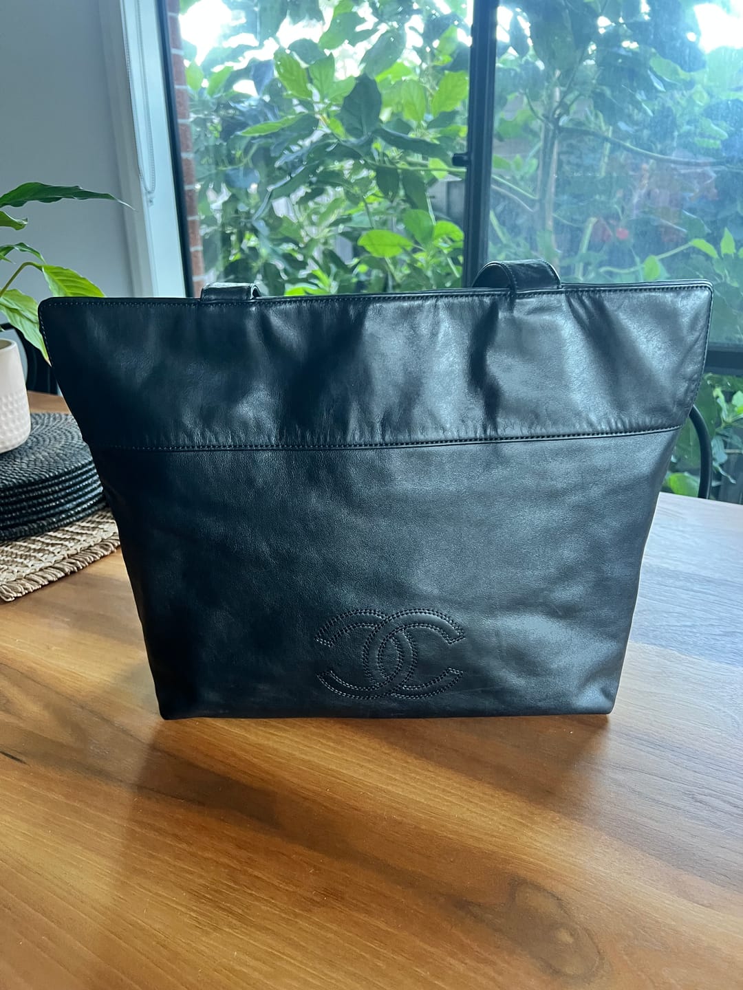 Customer photo review of CHANEL Vintage Big CC Logo Stitch Tote Shoulder Bag Black Leather 902202