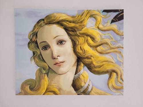 Customer's completed painting from the Venus (detail) kit, showing the portrait hanging on a white wall.