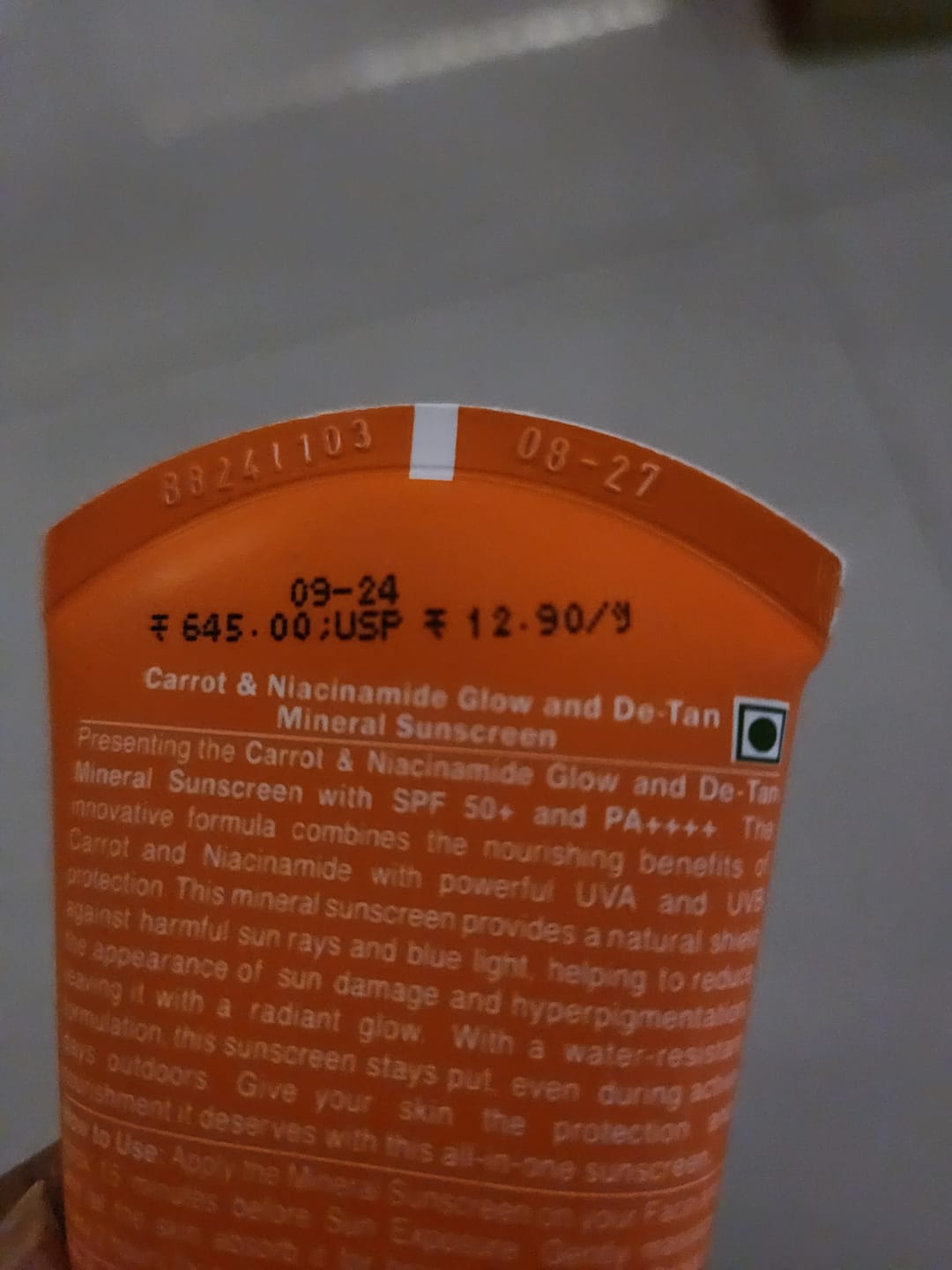 Customer photo review of Carrot & Niacinamide Glow and De-Tan Mineral Sunscreen | SPF 50+ | PA++++