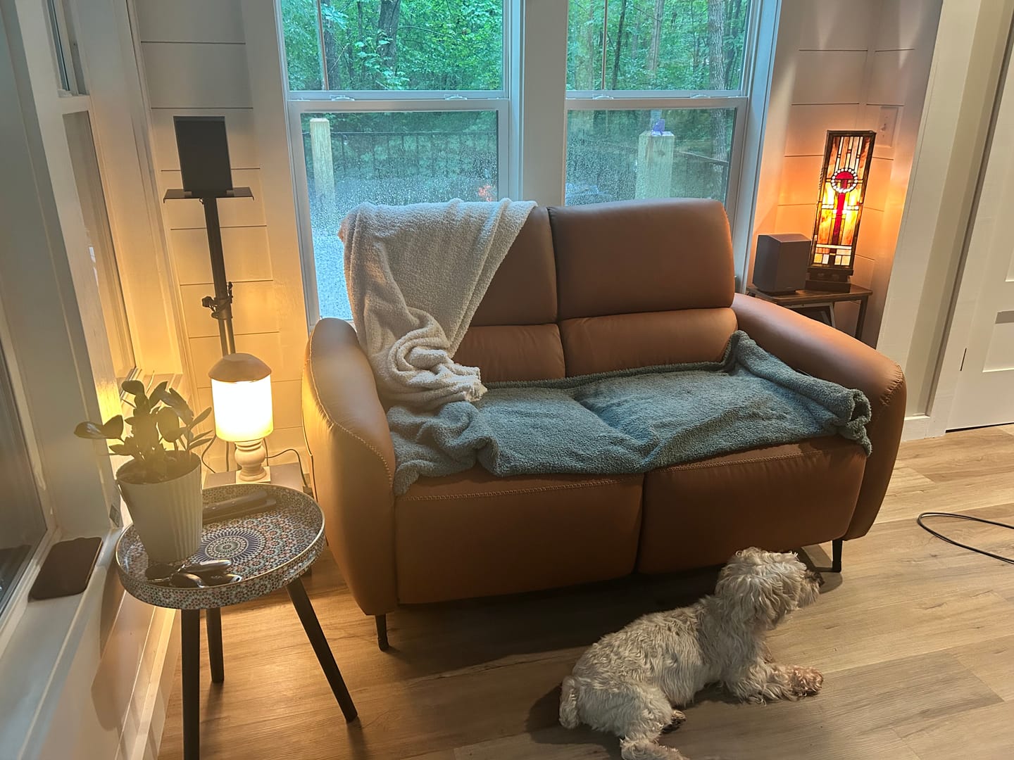 Customer photo review of AeroStretch Power Zero Wall Hugger Recliner Sofa with Drop Down Table Tray