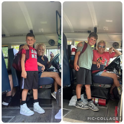 Customer wearing the red Another Half Mile T-Shirt while sitting in the driver's seat of a bus with a child.