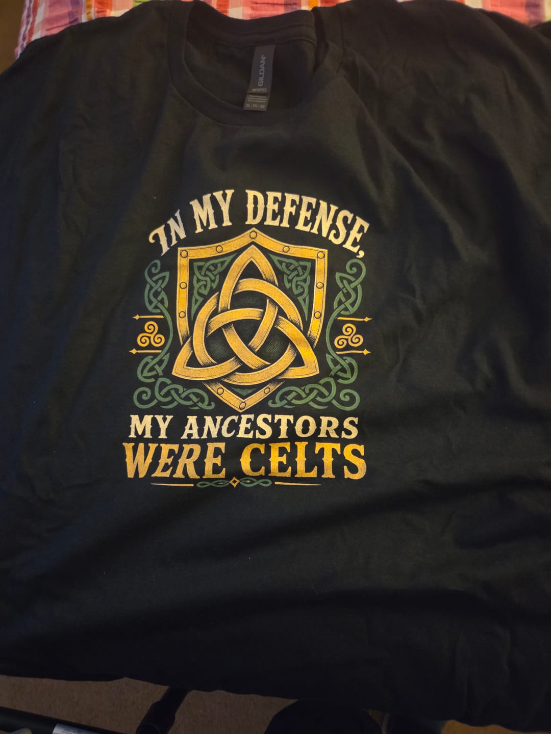 Customer photo review of In My Defense My Ancestors Were Celts Shield T-Shirt