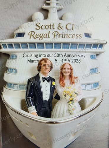 Customer's personalized cruise magnet shaped like a cruise ship, featuring a wedding photo of a couple.