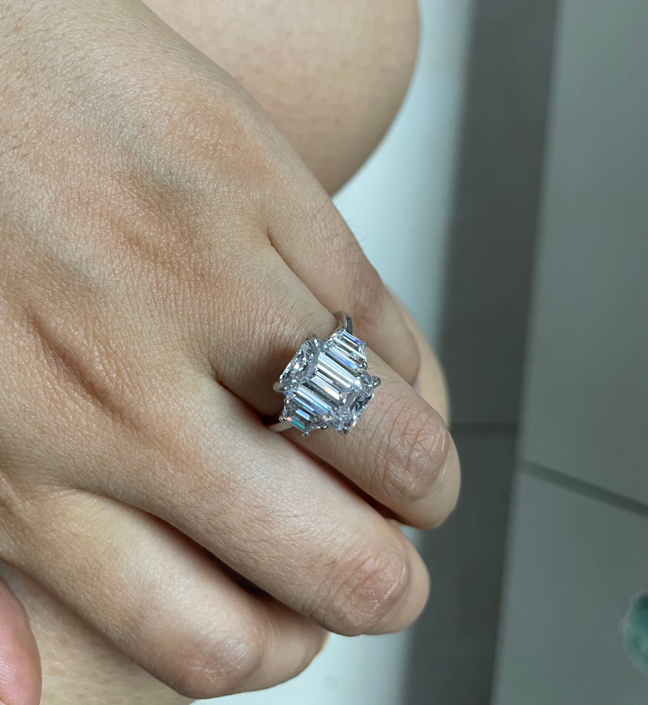 Customer photo review of S925 4.5 Carat Emerald Cut Three Stone Engagement Ring Anniversary Ring Gift