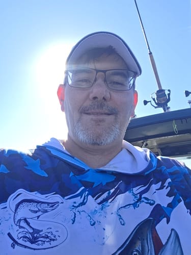 Customer photo review of Frenzidea Salmon Fishing Blue Camo Clear Water Custom Name & Team Name 3D Shirts