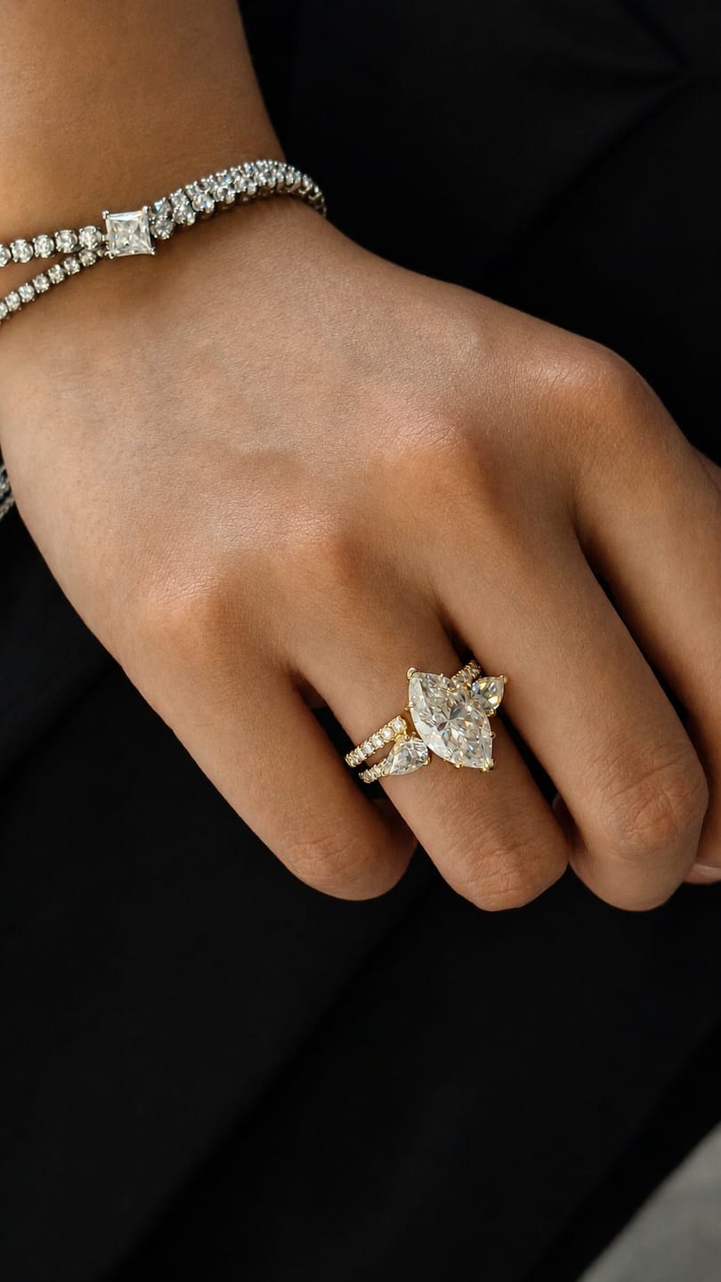 Customer photo review of S925 4.0Ct Marquise Cut Insert Wedding Ring Set For Women Stackable Ring Set In Sterling Silver