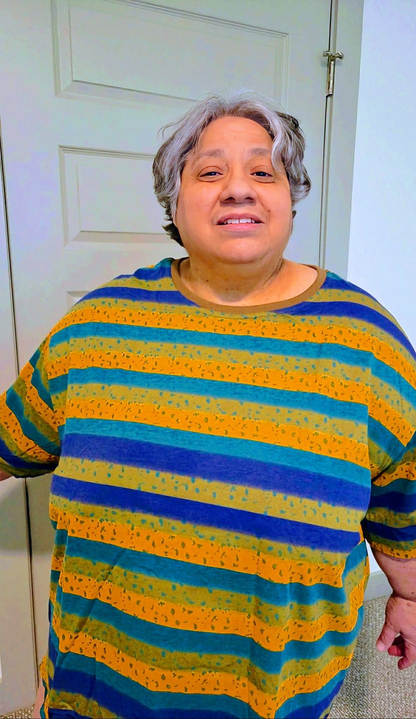 Customer photo review of Plus Size Cotton Colorblock Stripe Blouse for Women, Summer Retro O‑Neck Raglan Top