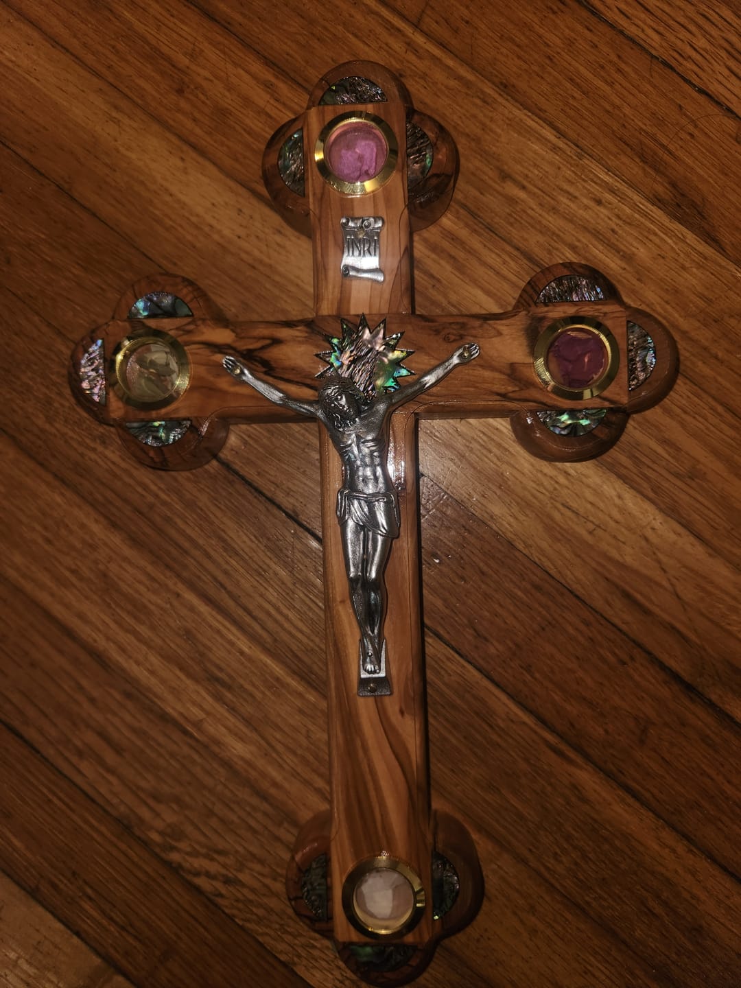 Customer photo review of Olive Wood Crucifix (Partially covered with Mother of Pearl) - Holy Land Crucifixes