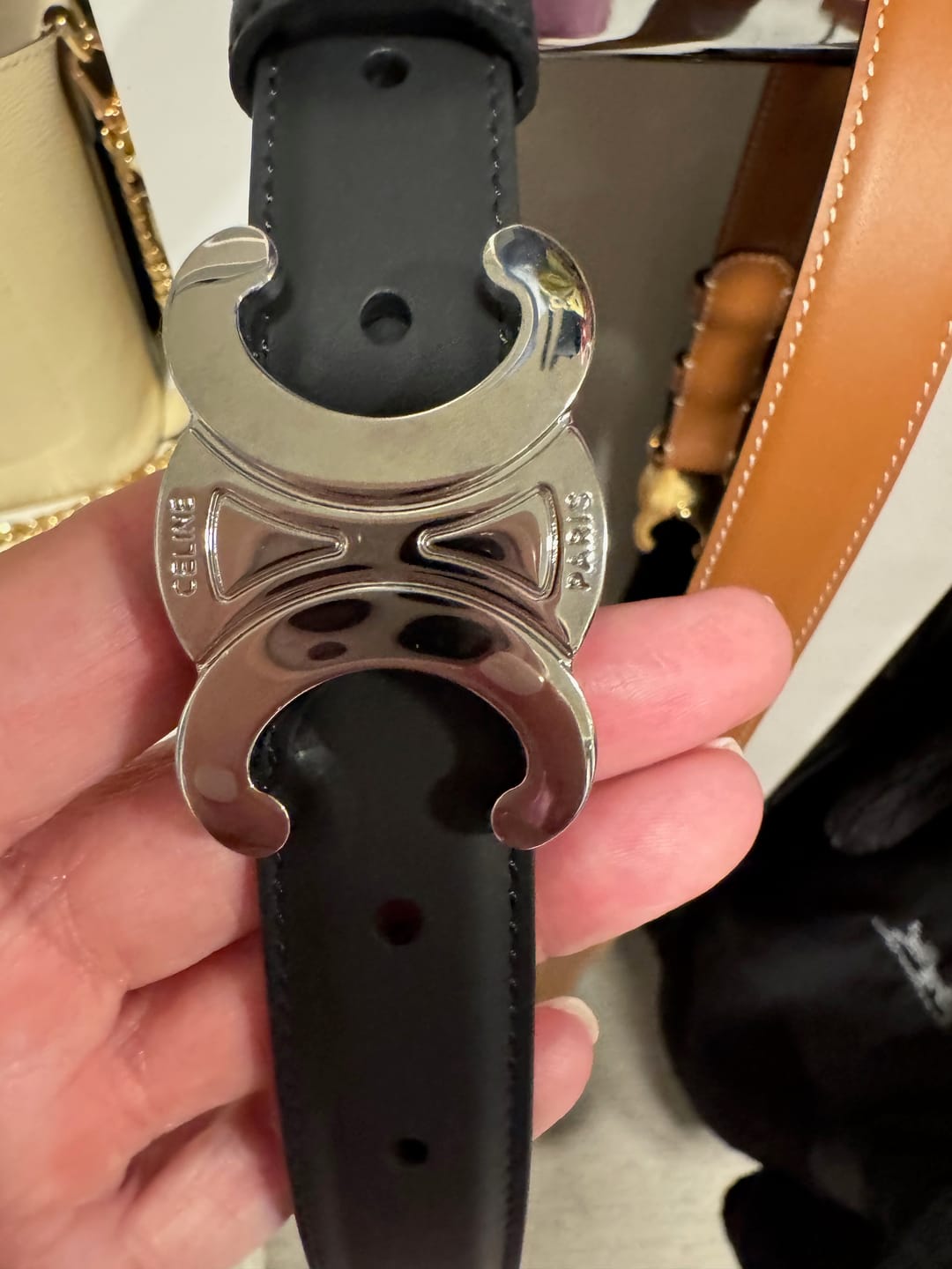 Customer photo review of 25S TRIOMPHE BELT 25MM IN BLACK CALFSKIN SILVER HARDWARE 580680
