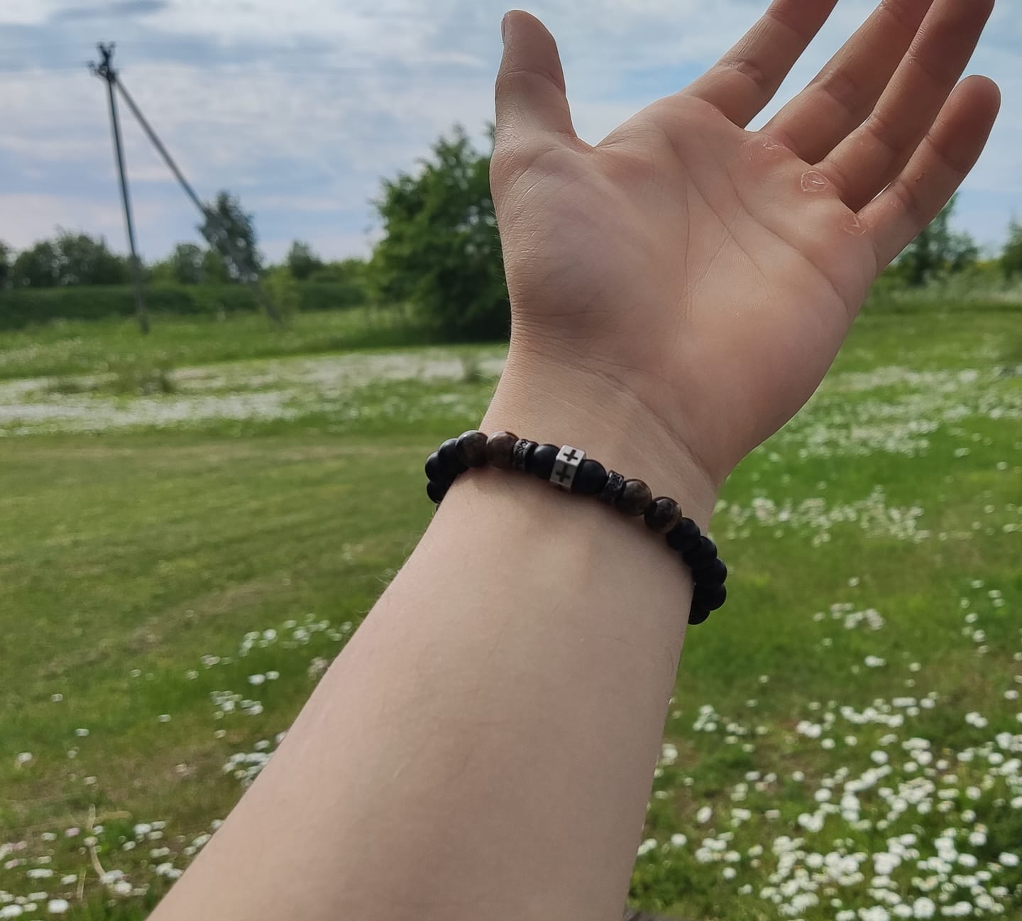 Customer photo review of Cross Bracelet with Tiger's Eye, Black Onyx & CZ - Accented Stainless Steel