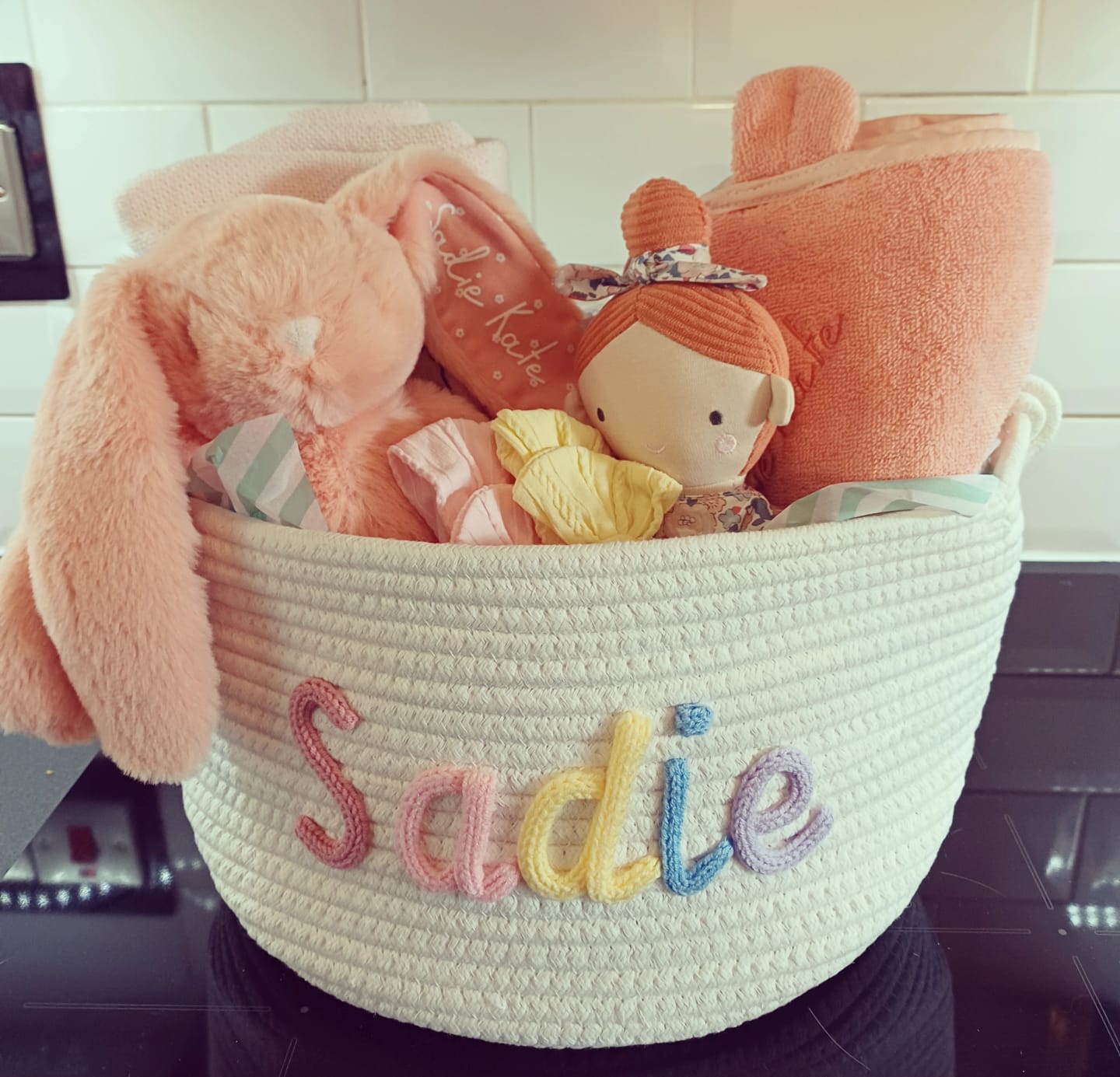 Customer photo review of Baby Knits™  Multicolor Personalized Knitted Basket