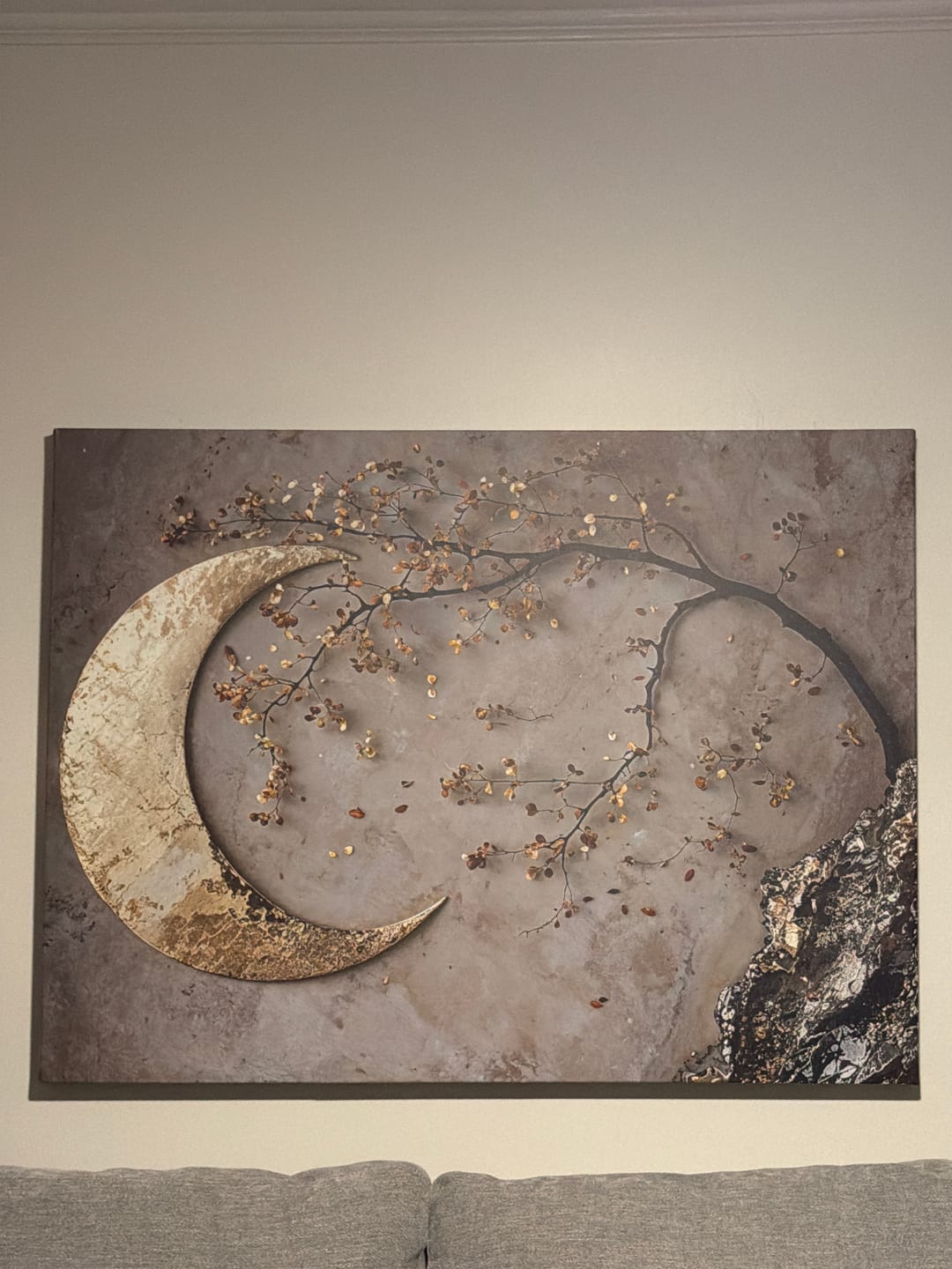 Customer photo review of Enchanted Moonrise Wall Art – Crescent Moon and Blossoming Branch Canvas