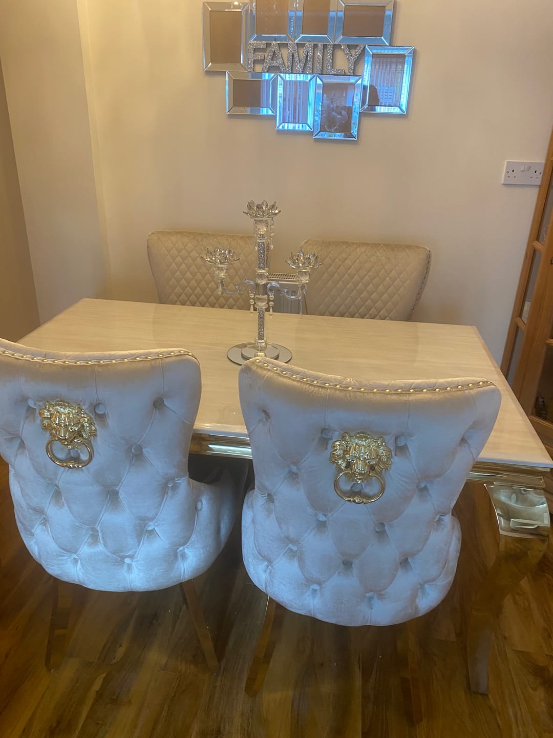 Customer photo review of Vienna Cream & Gold Marble Dining Table With Bentley Gold Chairs