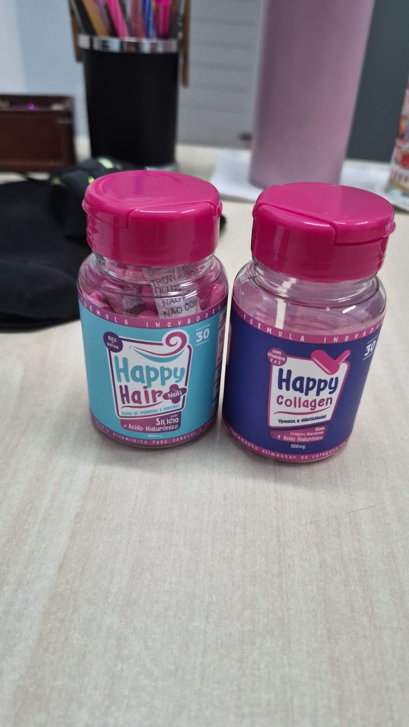 Customer photo review of Happy Hair 3 Potes + 1 Colágeno Grátis
