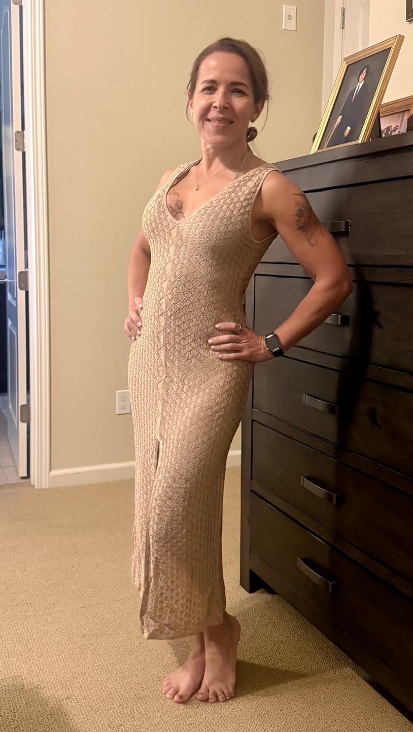 Customer photo review of Sand Serpentine Knit Coverup Dress