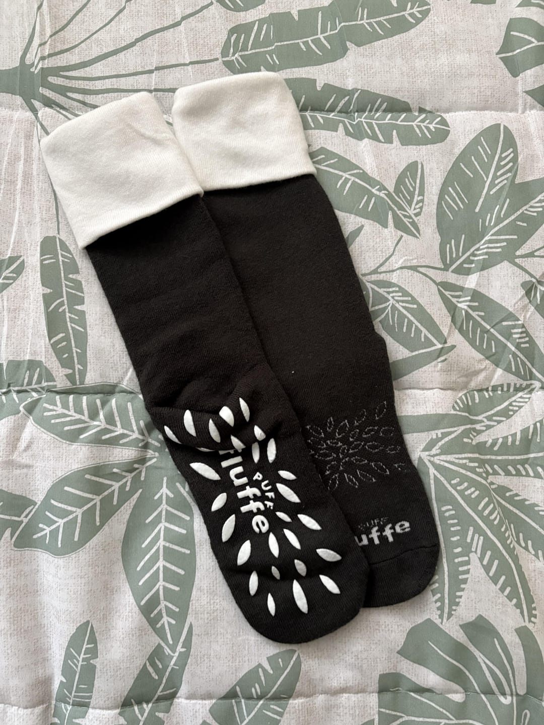 Customer photo review of cloud-soft merino lounge socks - warm, breathable & never bulky