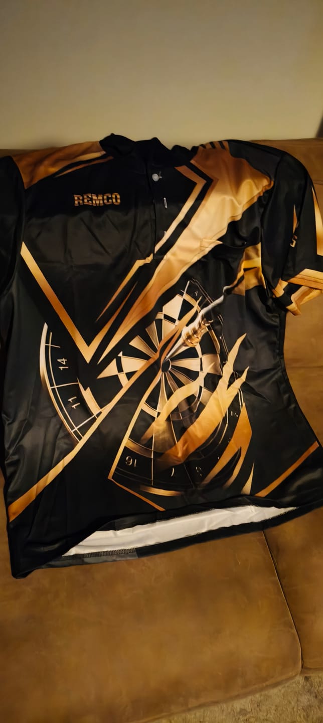 Customer photo review of Maxcorners Darts Black Gold Modern Dartboard Pro Style Multicolor Customized Name, Team Name 3D Shirts