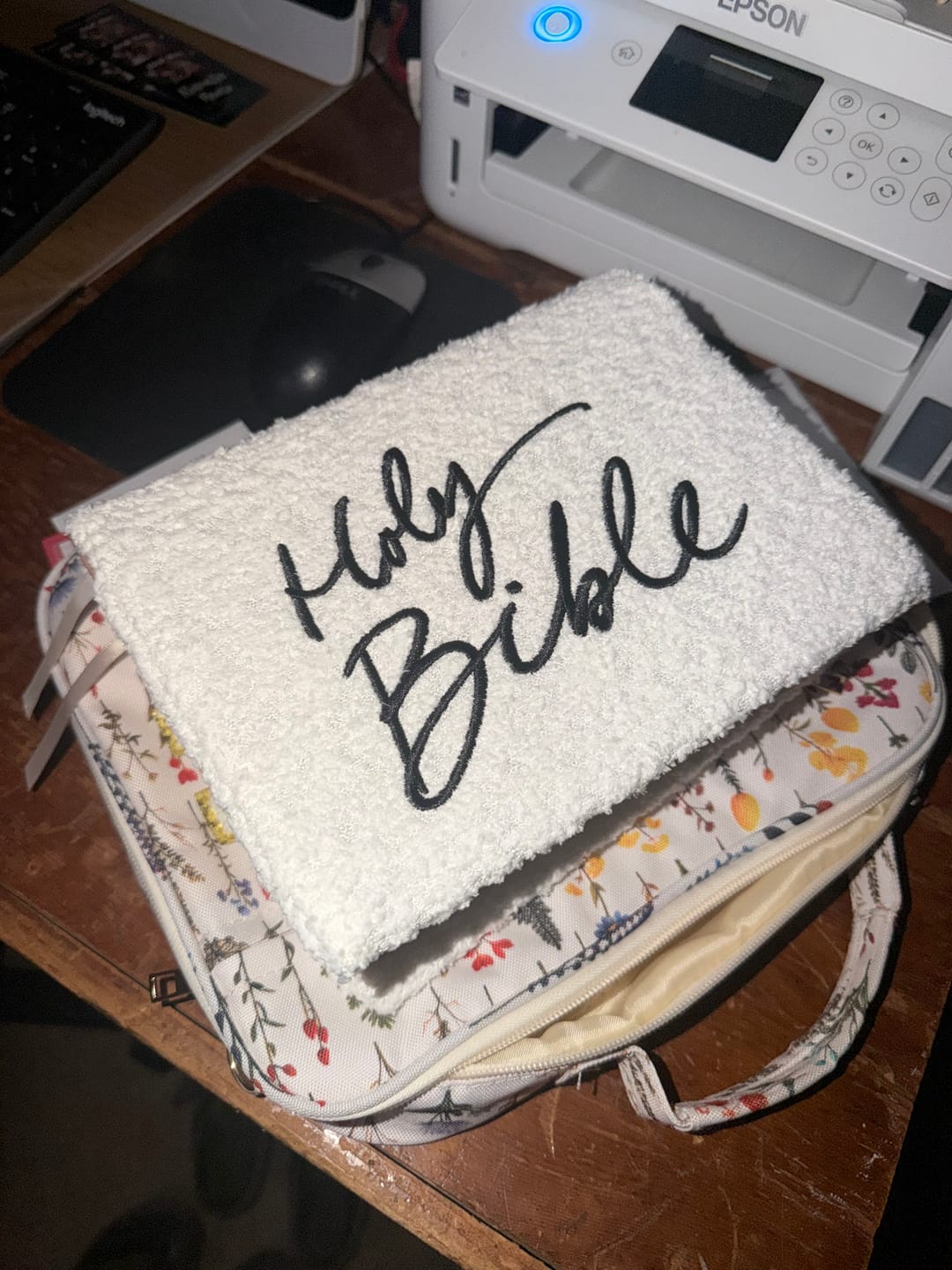 Customer photo review of Bible Cover: White embroidered